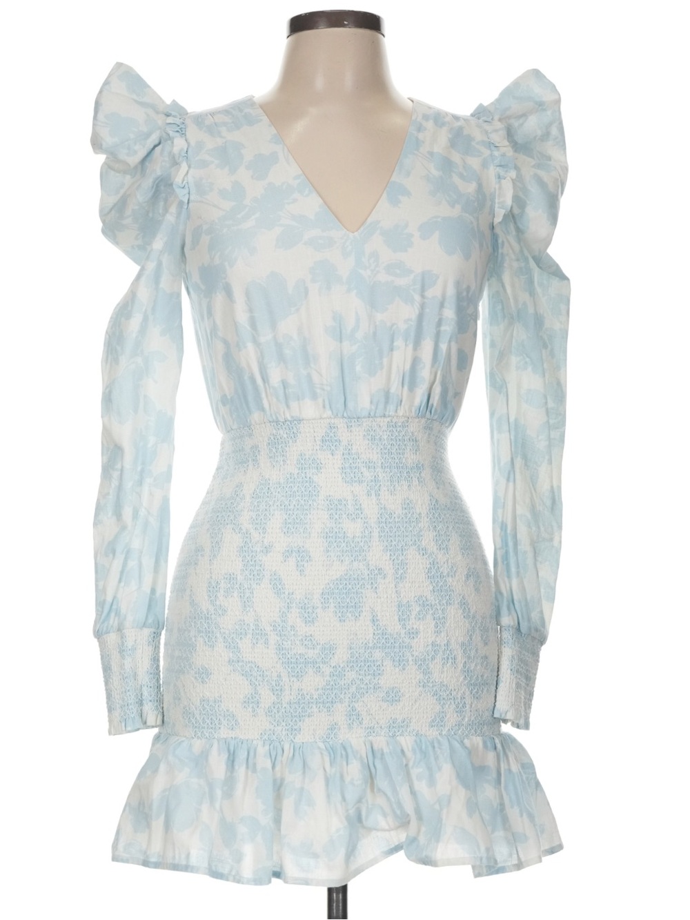 LINI Pale Blue Floral V-Neck Smocked Mini Dress XS